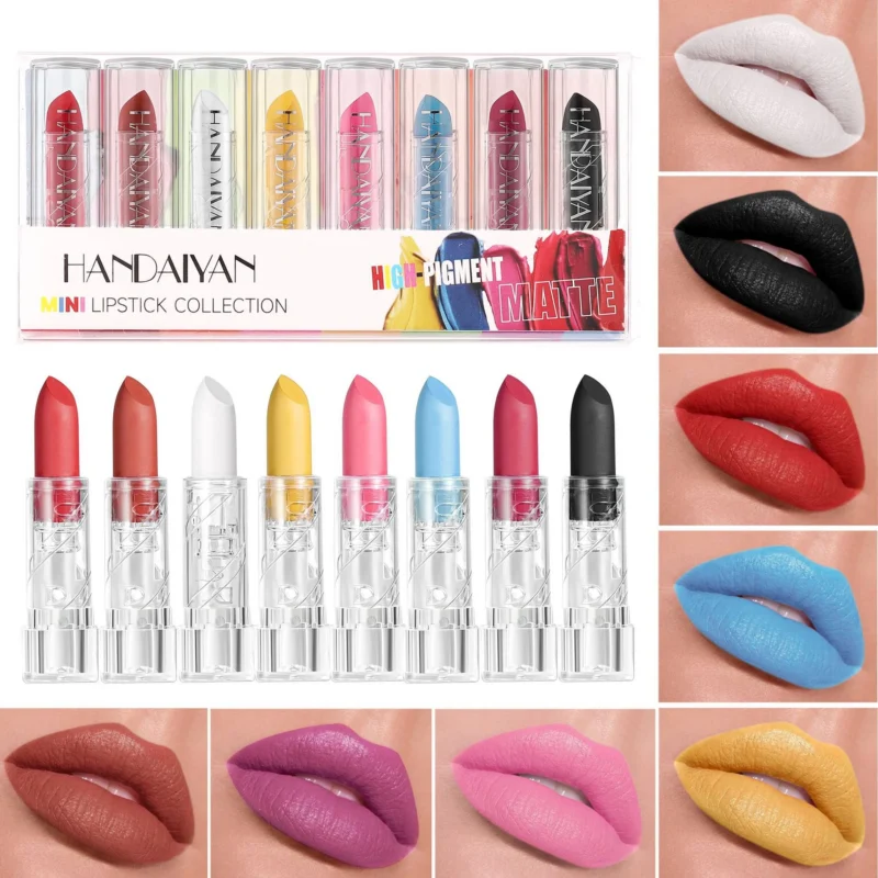 matte-lipstick-set-halloween-diy-hdy-men287dv-1 Matte Lipstick Set for Halloween featuring 8 vibrant colors suitable for DIY makeup, cosplay, and face painting.
